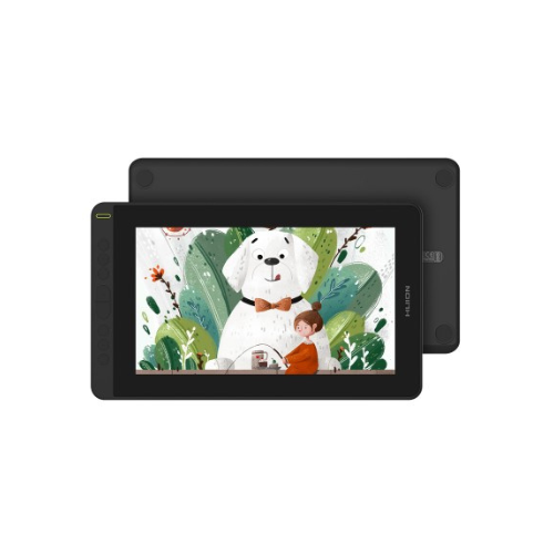 HUION Kamvas 12 Pro Display Tablet showing 120% sRGB colors with PW517 pen creating digital artwork