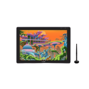HUION Kamvas 22 Plus Elite Pen Display showing quantum-dot colors with PW517 pen on etched glass surface