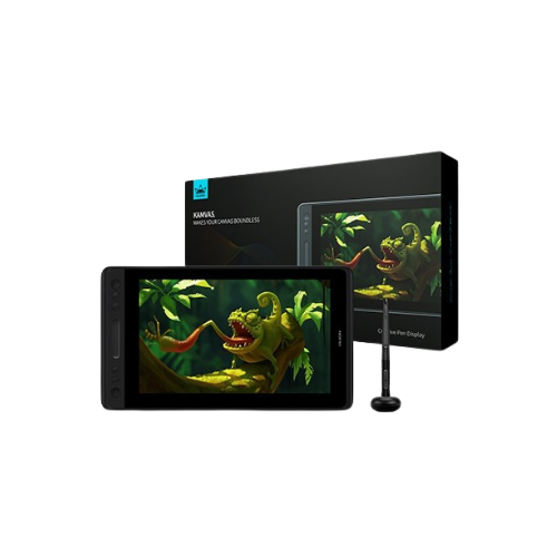HUION Kamvas Pro 12 Premium Pen Display showing vibrant artwork creation with PW507 pen on 11.6" full HD screen