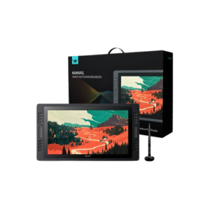 HUION Kamvas Pro 20 Elite Drawing Display showing artist using 20" workspace with 16 shortcut keys and PW507 pen
