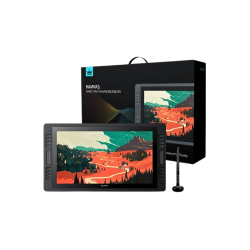 HUION Kamvas Pro 20 Elite Drawing Display showing artist using 20" workspace with 16 shortcut keys and PW507 pen