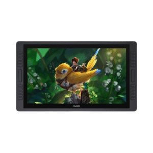 HUION Kamvas Pro 22 Premium Drawing Display showing artist using 21.5" workspace with 20 shortcut keys and PW500 pen