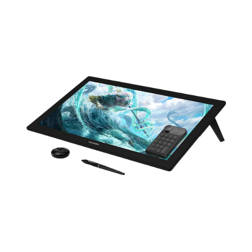 HUION Kamvas Pro 24 (4K) Display Tablet showing 4K artwork creation with PW517 pen on etched glass surface