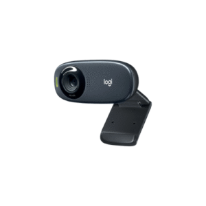 Logitech C310 HD Webcam mounted on laptop showing 720p video with auto-lighting
