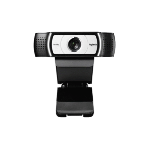 Logitech C930e Business Webcam showing 90° wide-angle view with privacy shutter closed