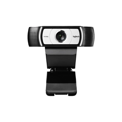 Logitech C930e Business Webcam showing 90° wide-angle view with privacy shutter closed