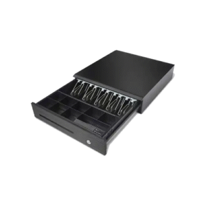 Maken MK425 Heavy-Duty Cash Drawer showing steel construction with 5-bill/8-coin trays and RJ11 interface