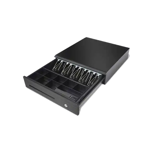 Maken MK425 Heavy-Duty Cash Drawer showing steel construction with 5-bill/8-coin trays and RJ11 interface