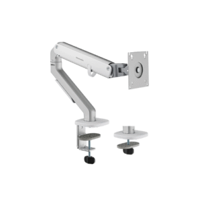 Mattel Silver T6-1G Monitor Arm holding 32" screen in portrait mode with 360° rotation