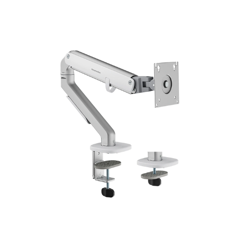 Mattel Silver T6-1G Monitor Arm holding 32" screen in portrait mode with 360° rotation